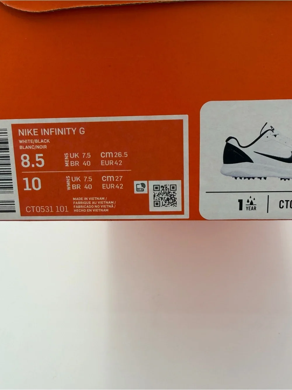 Nike Infinity G Golf Shoe Black White Men's 8.5 Women's 10 CT0531 101 New in Box